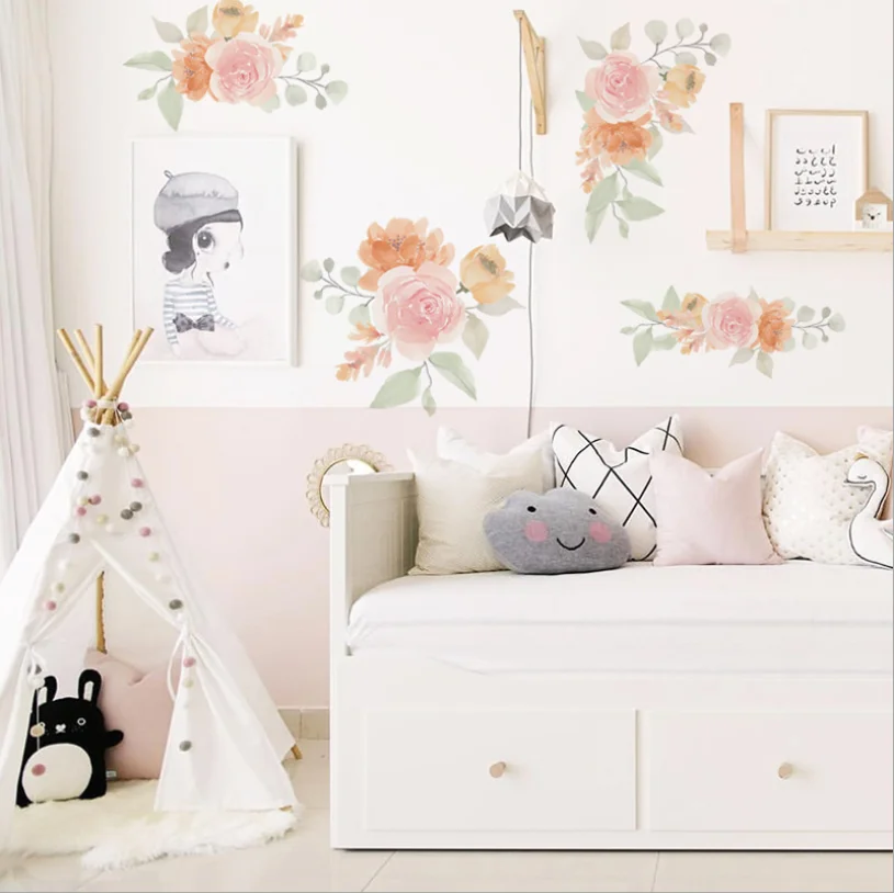 Pink Peony Flowers Wall Stickers for Bedroom Living Room Decoration Mural Home Decals Watercolor Hand Drawn Sticker Wallpaper