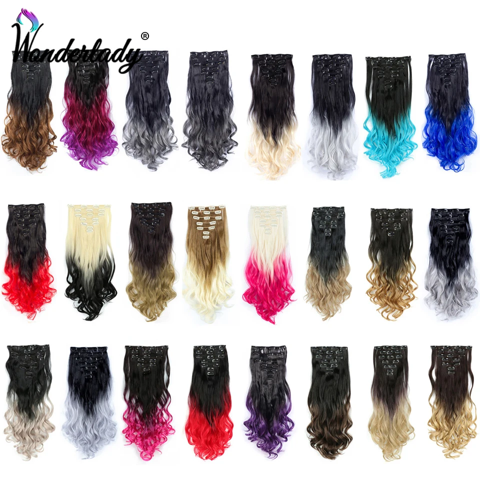 

WonderLady Ombre Synthetic Hair Extensions Clip In Hair 130g 7 pcs/set 16 Clips Long Wavy Hairpieces For Women