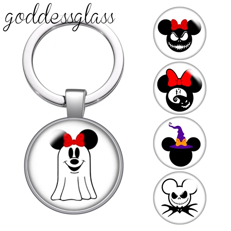 Disney Halloween Mickey Minnie ghost Cute Photo glass cabochon keychain Bag Car key chain Ring Holder Charms keychains gift