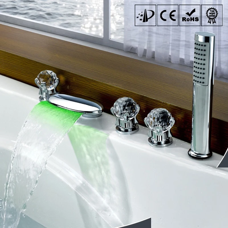 

MTTUZK high quality Crystal Handle Cold and Hot Bathtub Waterfal Faucet Bathroom Faucet With LED 5PCS Set