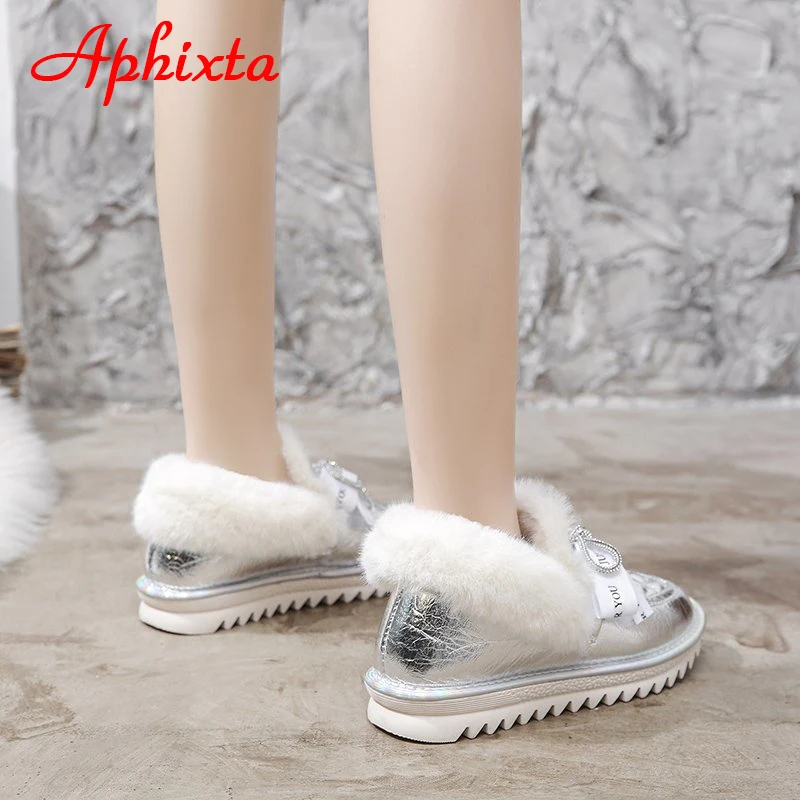 APHIXTA Plush Warm Silver Winter Snow Women Boots Shoes Platform Flat Heel Bling Crystals Bow Waterproof Fur Round Head Shoes