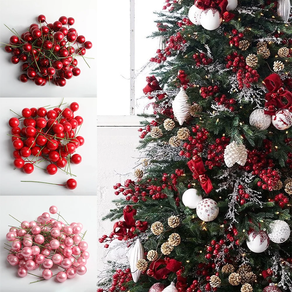 100 Pcs 12mm Berries Plastic Fake Fruit Small Artificial Pearl Flower Stamens Cherry Wedding DIY Gift Box Decorated Xmas Wreaths