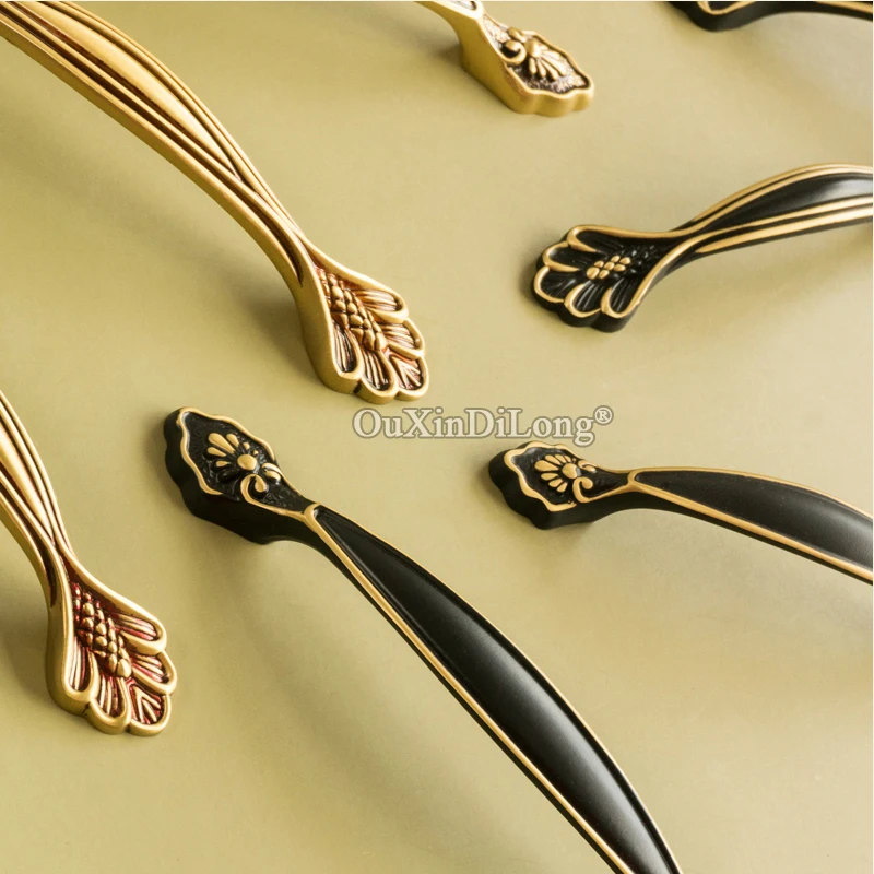 European 4PCS Solid Brass Carved Furniture Handles Drawer Pulls Cupboard Wardrobe Kitchen Shoe TV Cabinet Pulls Handles & Knobs