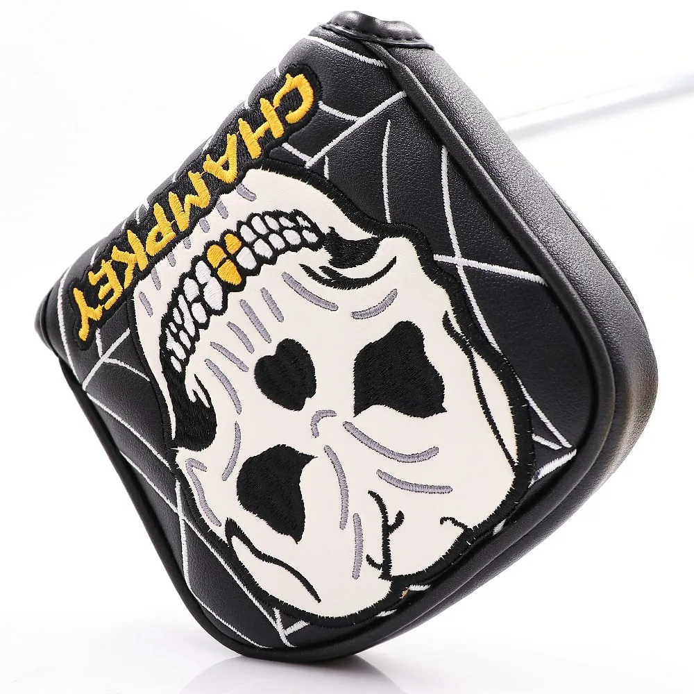 Golf Mallet Headcover Putter Cover for Center-shaft Club Magnetic Closure Black White PU Leather Skull Embroidery