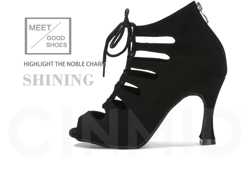 Schwarze Latein-Tanzschuhe für Damen Tango Salsa Rumba Ballroom Satin Tanzstiefel Damen Rote Sexy Pole Dance Schuhe Damen High Heels – Detail 3