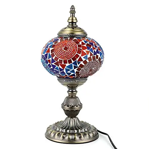 LaModaHome Turkish Mosaic Table Lamp Handmade Tiffany Style Glass Lamp for Living Room, led Light Bulb Included (Multi-Colored)