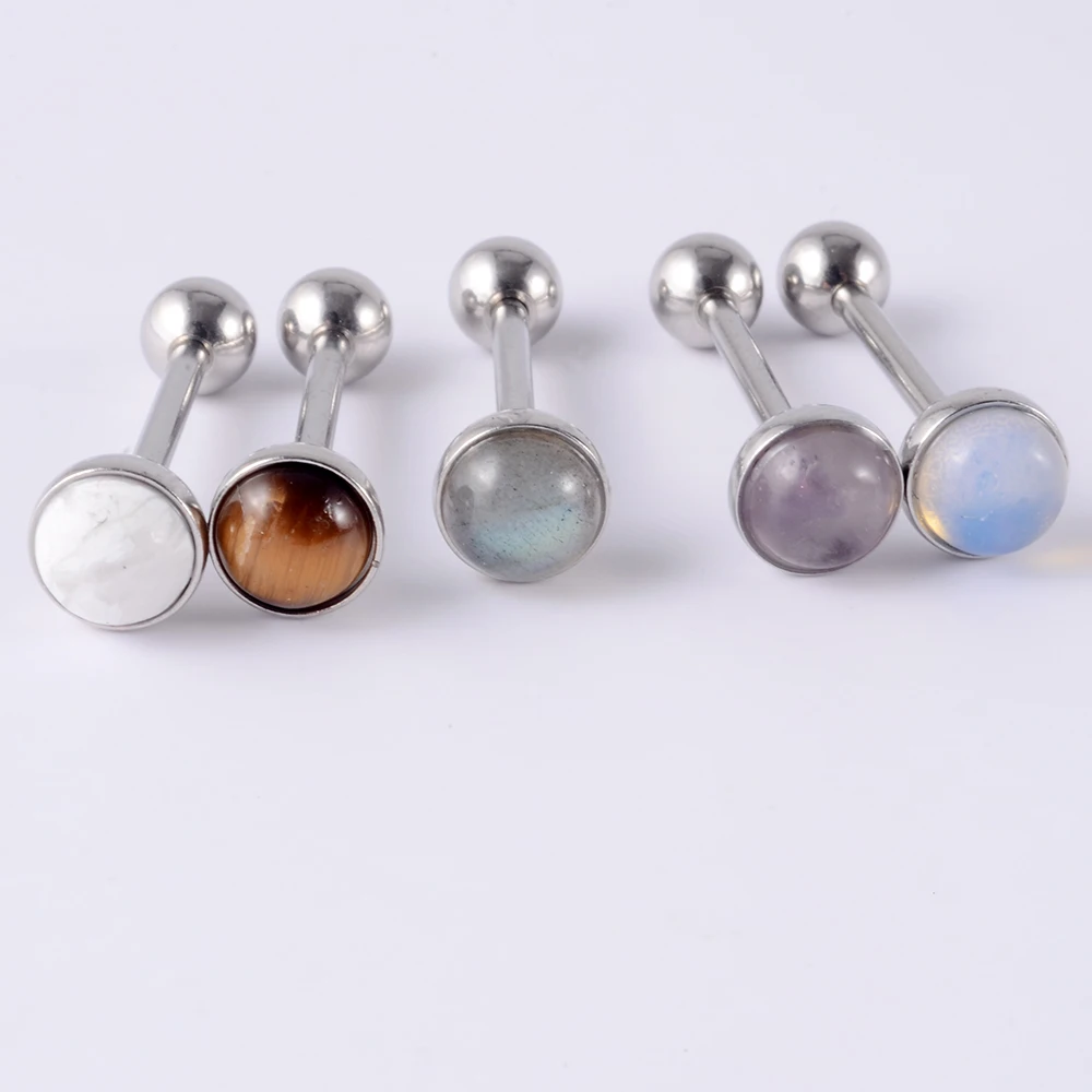 10PCS/Lot Wholesale Amethyst Stone Tongue Barbell G23 Titanium Labradorite Howlite Unisex Surgical Steel Tongue Piercing Jewelry