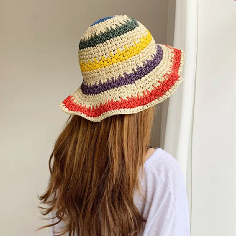 Sombrero de paja de ganchillo para mujer, visera plegable con protección UV, Arco Iris, hecho a mano, para playa, verano, 2021