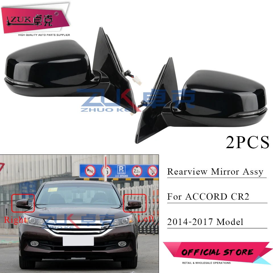 ZUK 2PCS/lot Rearview Side Mirror Assy For HONDA ACCORD 2014 2015 2016 2017 8-PINS With Heated LED Lamp Auto Folding Functions