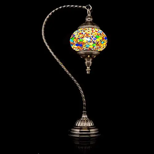 Handmade Turkish Glass Mosaic Table Lamp with Swan Neck Pole and Mosaic Lantern for Room Decoration (Red, green)