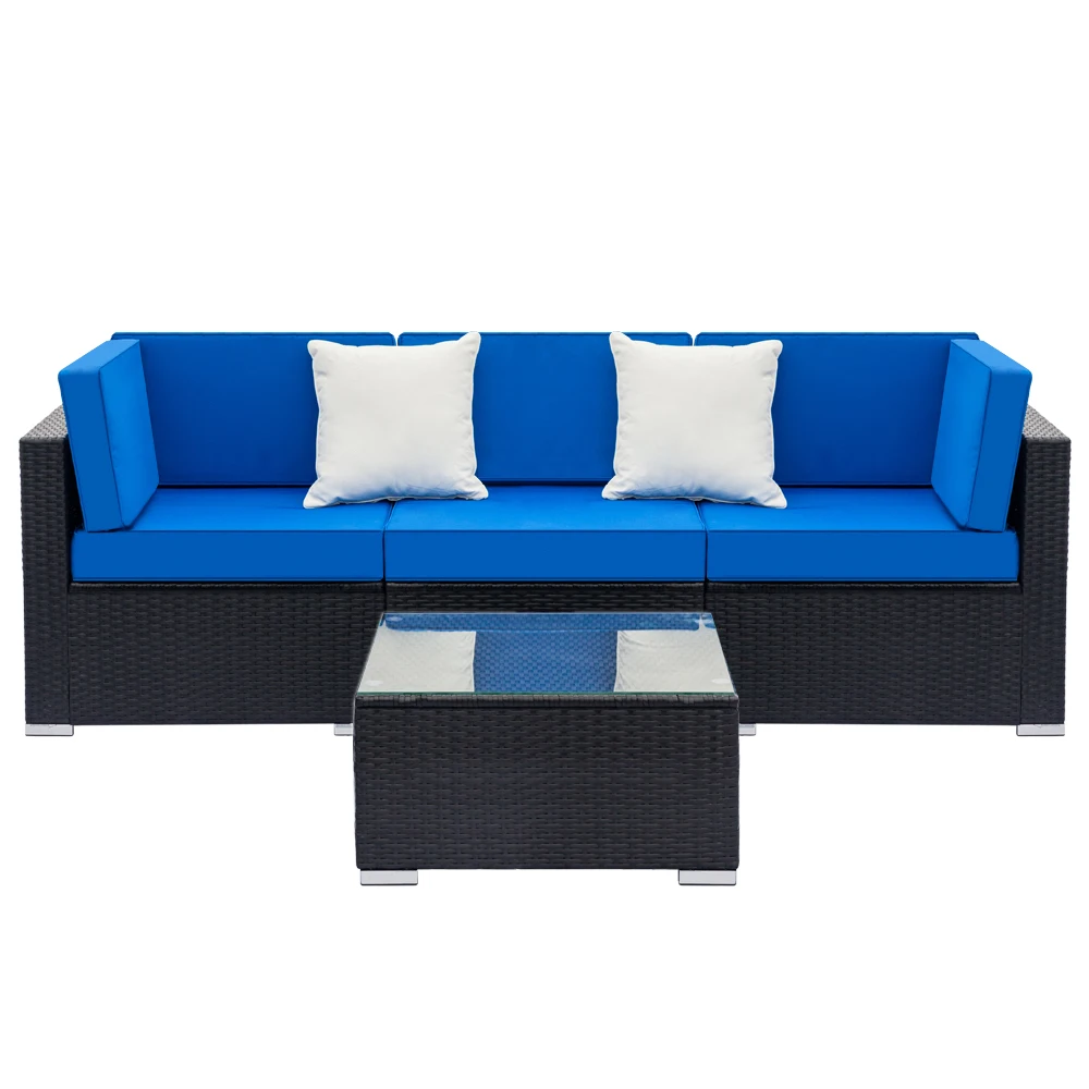 Two Styles Patio Furniture Set 4 Pieces Patio PE Wicker Rattan Corner Sofa Blue  US Warehouse In Stock