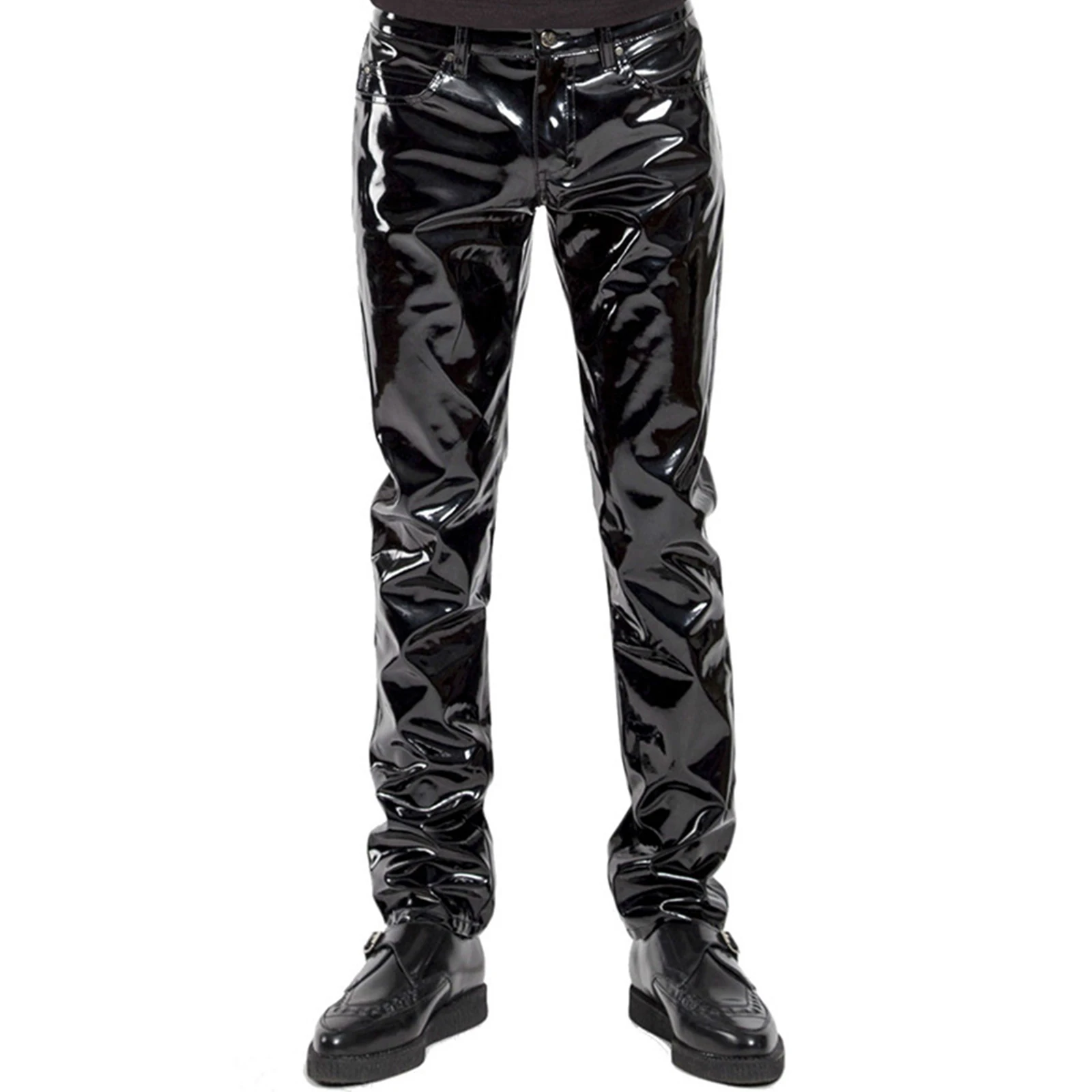 Male Black Patent Leather Motorcyle Biker Pants Glossy Mid Waist Straight Trousers Leather Pant Men Wet Look Rave Party Clubwear