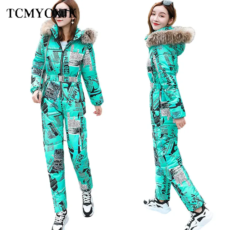 2023 Winter New Printed Elegant Jumpsuit One Piece For Women Ski Suit Female Jumpsuit Real Raccoon Fur Collar Bodysuit Women