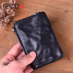 AETOO Short wallet men's leather retro old first layer leather men's wallet youth vintage personality vertical zipper wallet