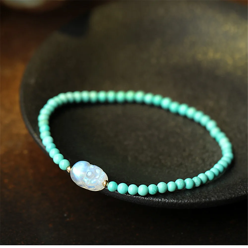 Natural Stone Beads Green Turquoises Moonstone Pixiu Brave Troops Lucky Bracelet For Men Women Amulet Yoga Dainty Jewelry