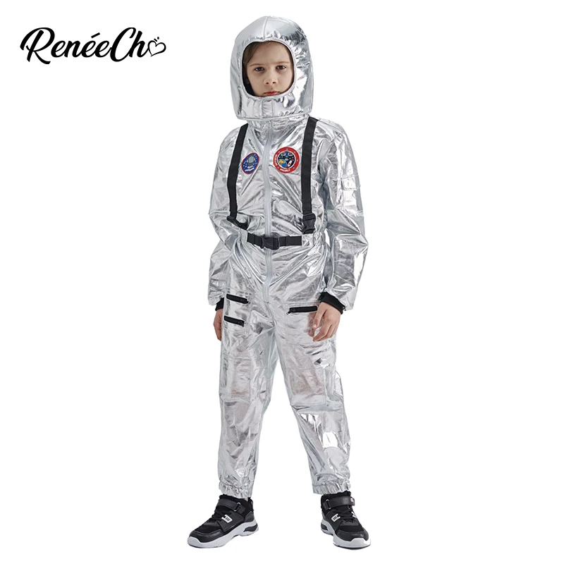 Reneecho Kids Astronaut Costume Sliver Boys Space Man Cosplay Jumpsuit And Hat 2 Piece Set Baby Halloween Costume For Kids