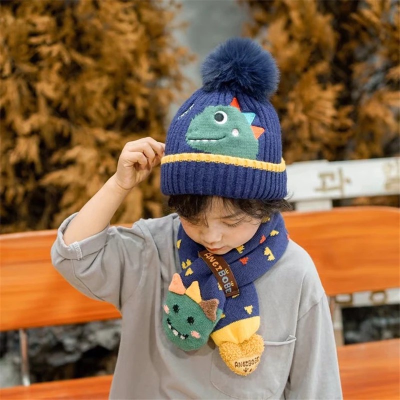 2PCS Set Winter Children\'s Hat + Warm Scarf Knitted,Cartoon Dinosaur Beanies Scarf Set For Children Girls Boys Kids Accessories