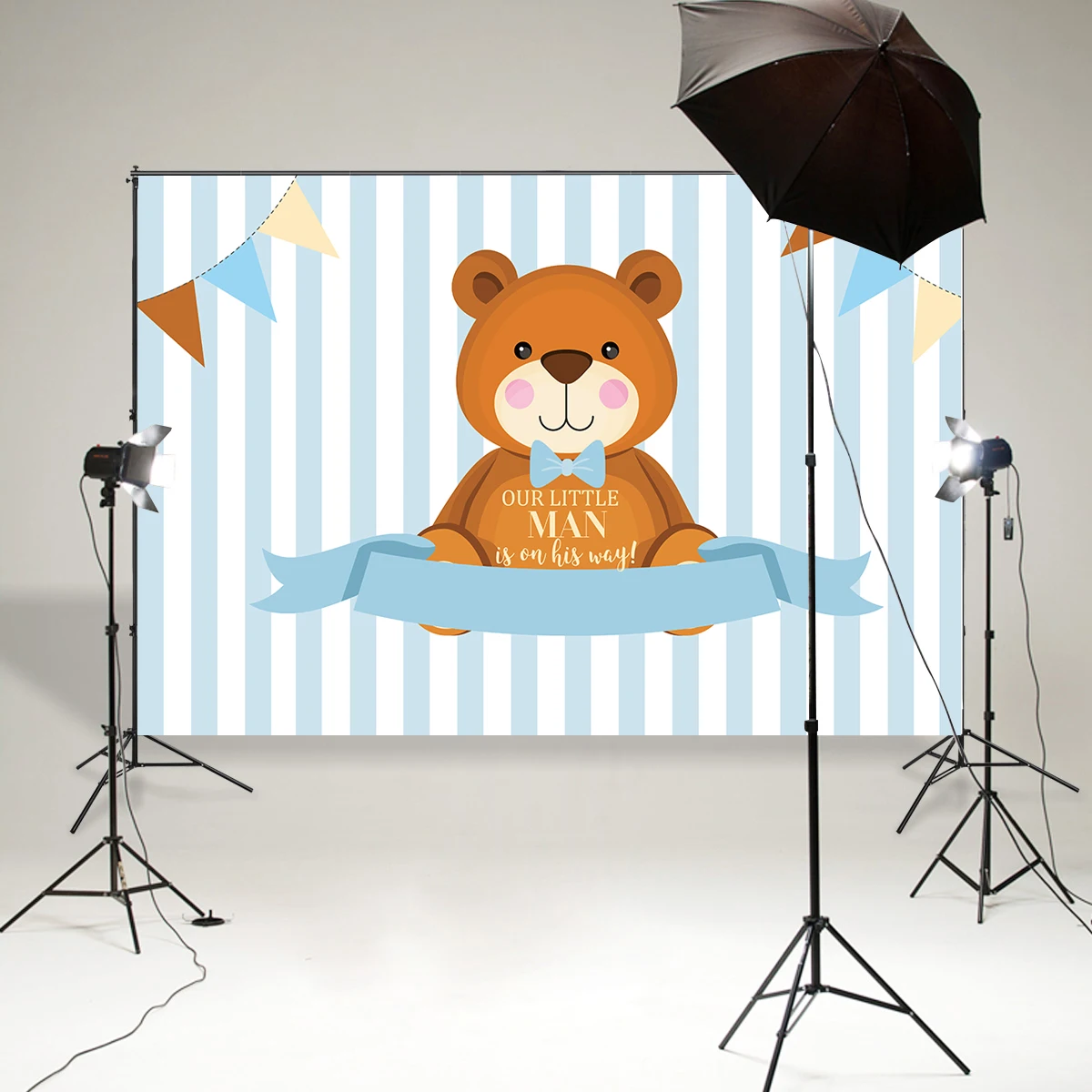 

Cute teddy bear Birthday background photography studio backdrop customize baby shower dessert table banner poster stripes B841