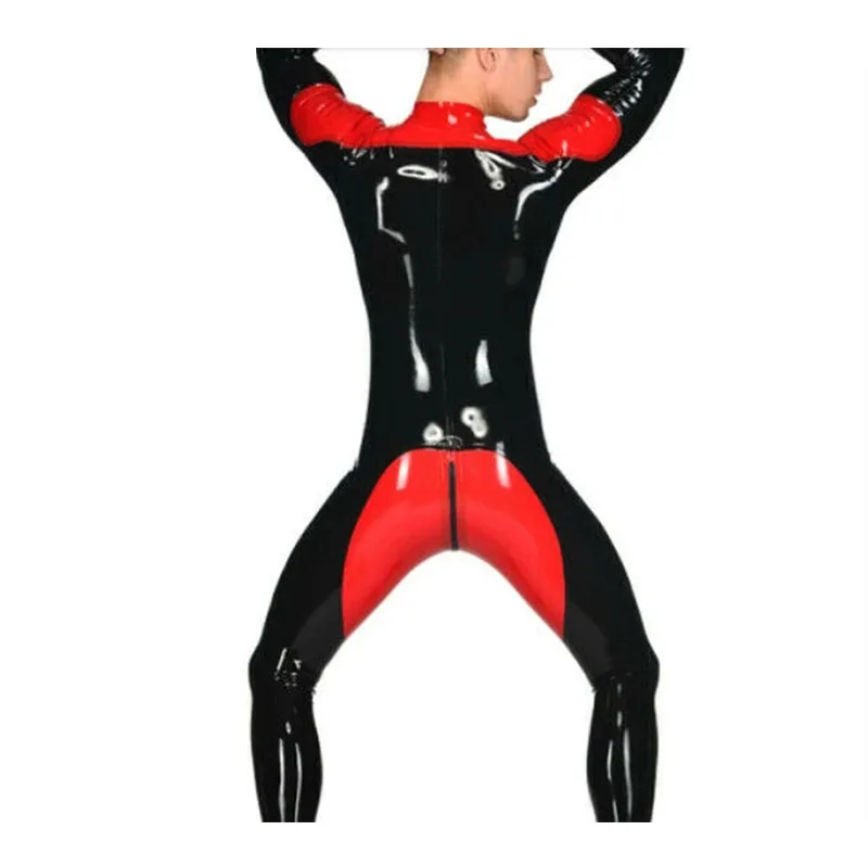 Handmade Men\'s Black and Red Latex Rubber Catsuit with Crotch Zip Tight Bodysuit Garmen Club Wear Jumpsuit Gummi 0.4mm