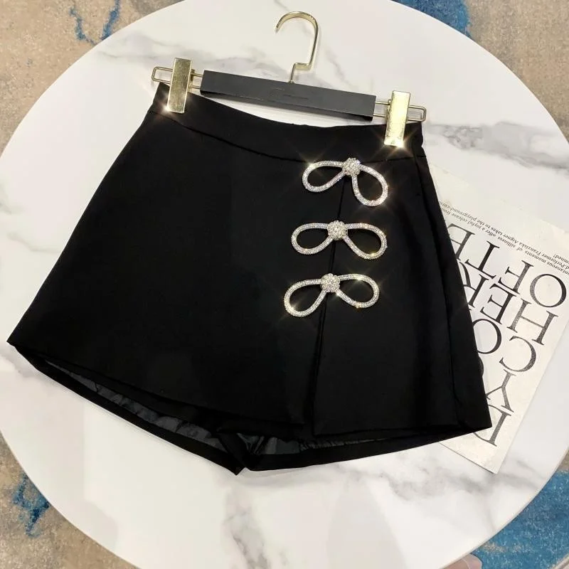 

Sweet Summer Diamonds Bowknot Black Sweet High Waist Shorts Women Designer Mini Shorts Skirt Female White Zipper Straight Shorts
