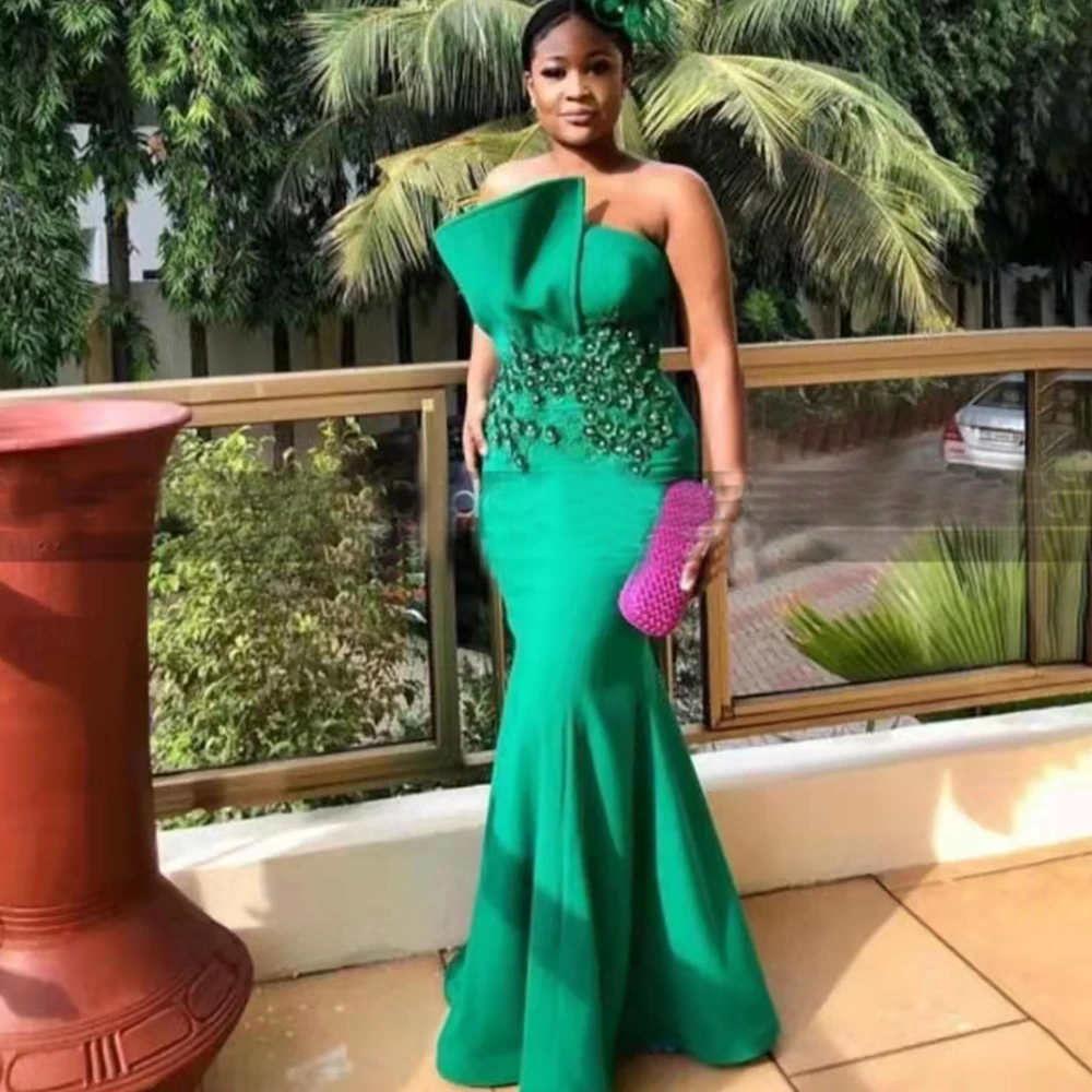 Africa Green Satin Applique 3D Flower Beads Mermaid Prom Dresses Strapless Evening Gowns Back Lace Up Train vestidos defiesta