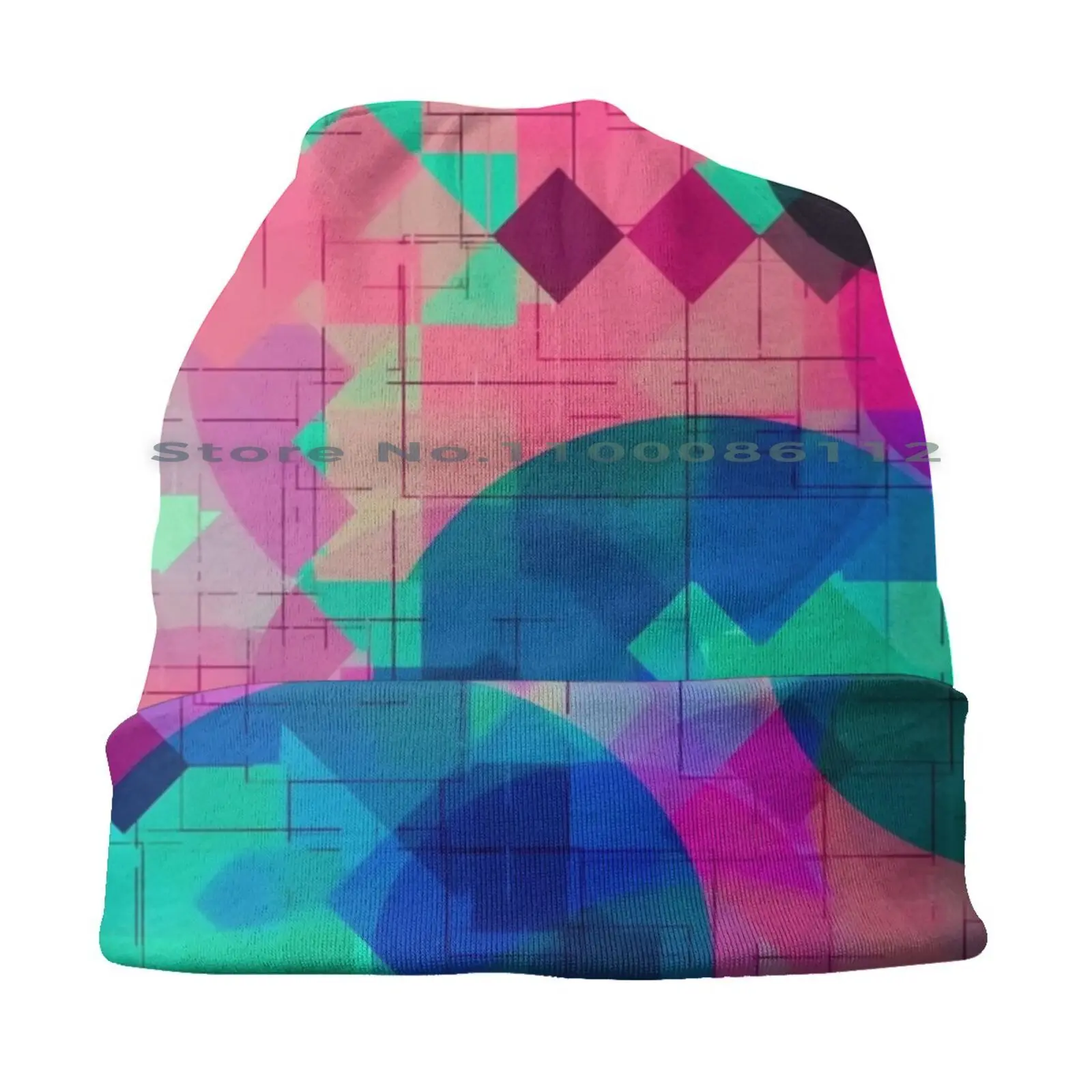 Geometric Square Pixel And Circle Pattern Abstract In Pink Blue Green Beanies Knit Hat Modern Art Modern Design Contemporary