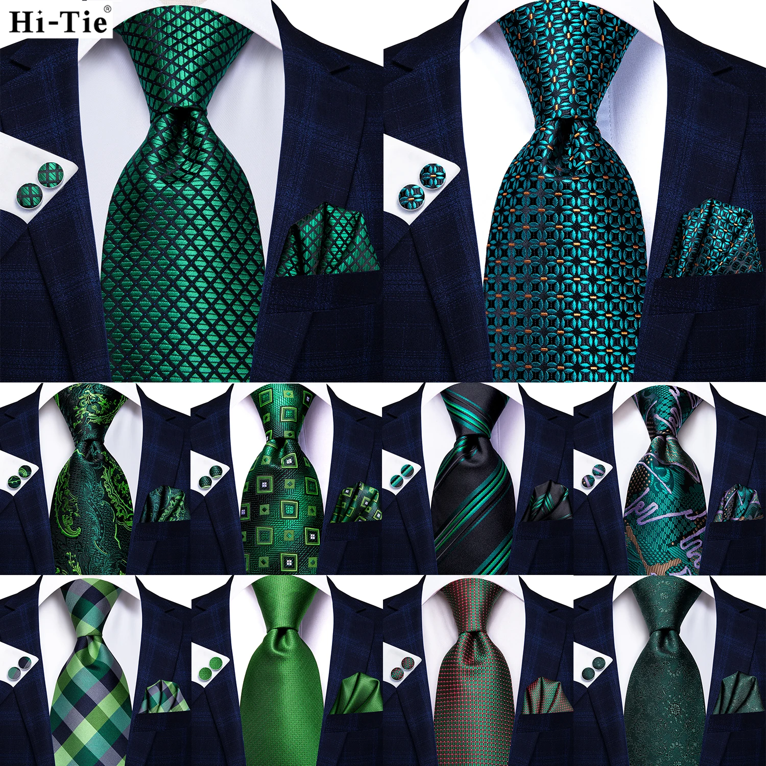 Hi-Tie verde azulado para hombre, corbata de Cachemira sólida de seda para boda, conjunto cuadrado de bolsillo, fiesta, negocios, diseñador de moda, envío directo