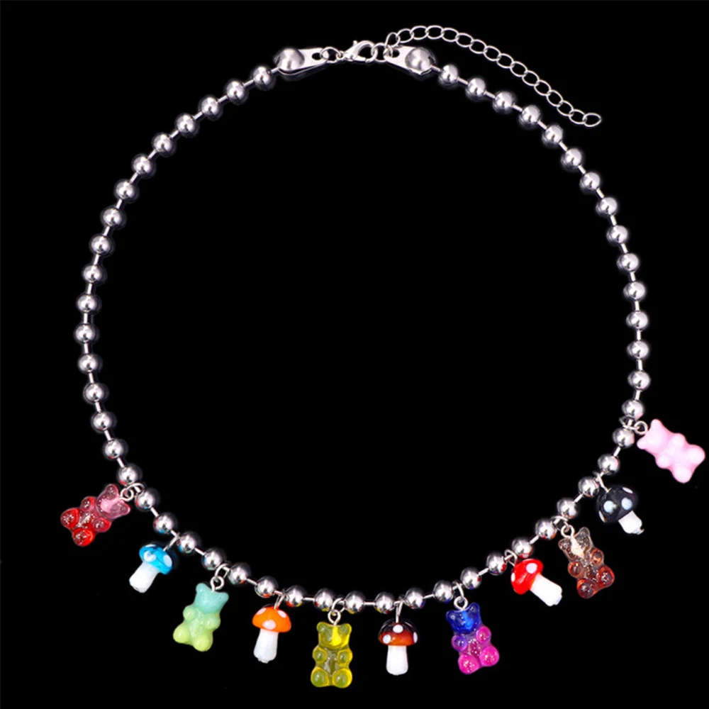 Candy Color Gummy Bear Stainless Steel Choker Necklace For Women Men Hip Hop Ball Bead Chain Cute Mushroom Couple Jewelry 2022