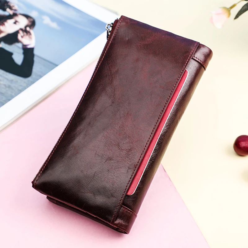 Contact's Women Wallet Female Clutch Genuine Leather Wallets for Ladies Long Purse Phone Pocket Zipper Coin Purses Card Holder