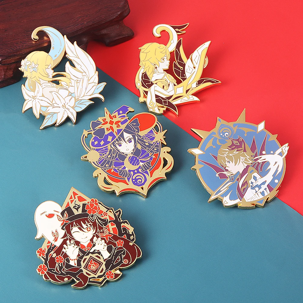 Genshin Impact Hu Tao Venti Pin Brooch Ganyu Keqing Tartaglia Xiao Figure Enamel Badge Brooch Collection Cosplay Souvenir Gift