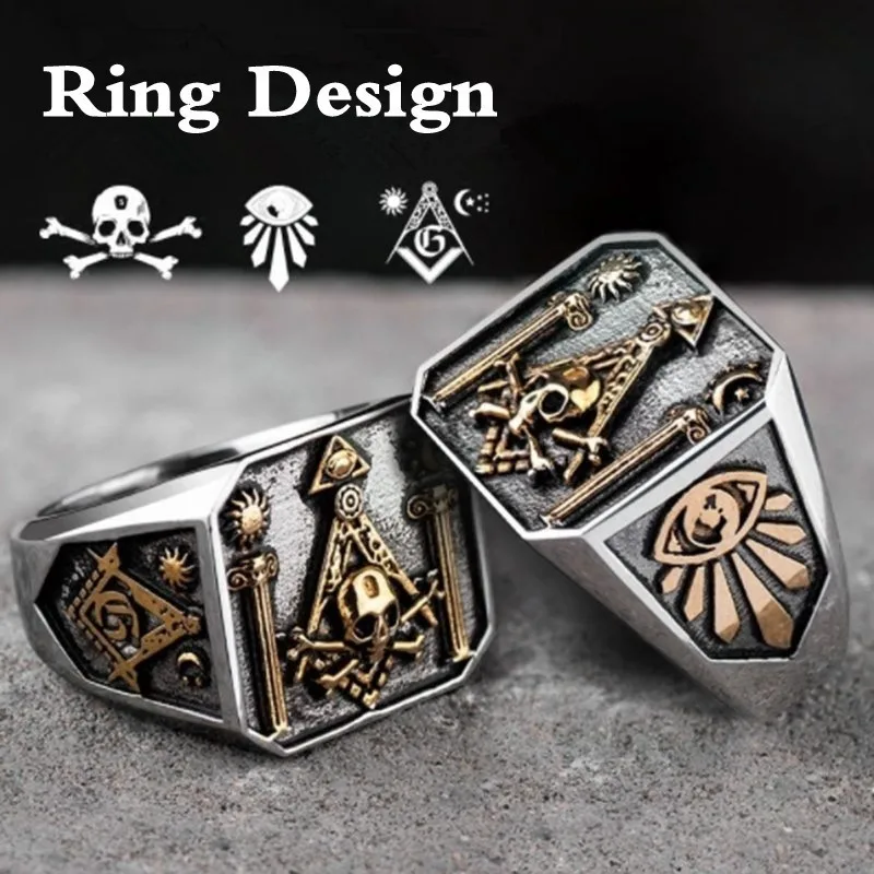 Мужское классическое трендовое позолоченное цветное кольцо с черепом, масонское одинарное кольцо, властное кольцо в стиле хип-хоп, вечерние ювелирные изделия, подарок