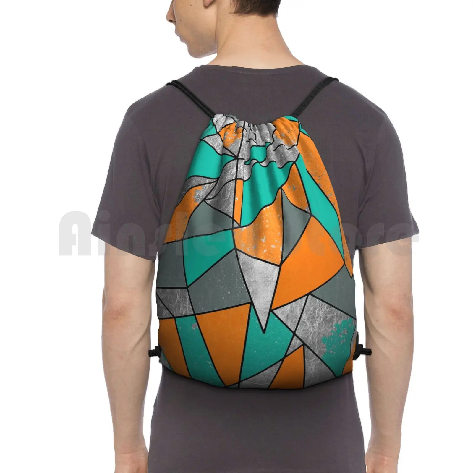 Modern Rustic Orange Teal Gray Silver Geometric Backpack Drawstring Bag Riding Climbing Gym Bag Modern Geometric Simple