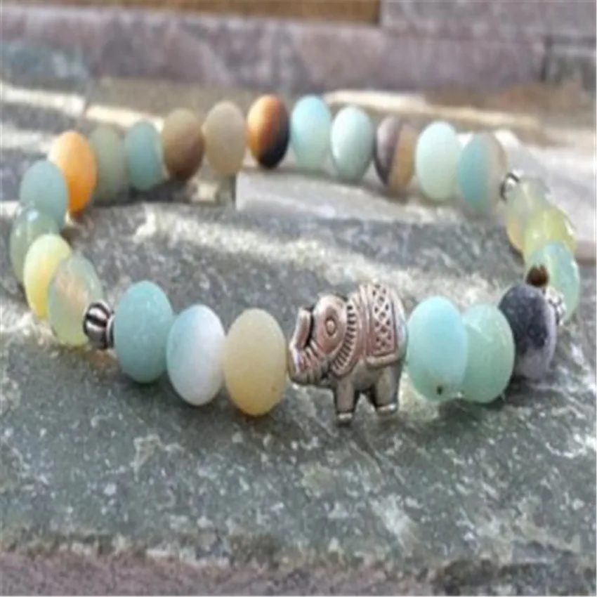 6mm Amazonite Gemstone beads Mala bracelet Silver elephant Gemstone Spirituality Bless Handmade Healing Chakras Monk Men Reiki