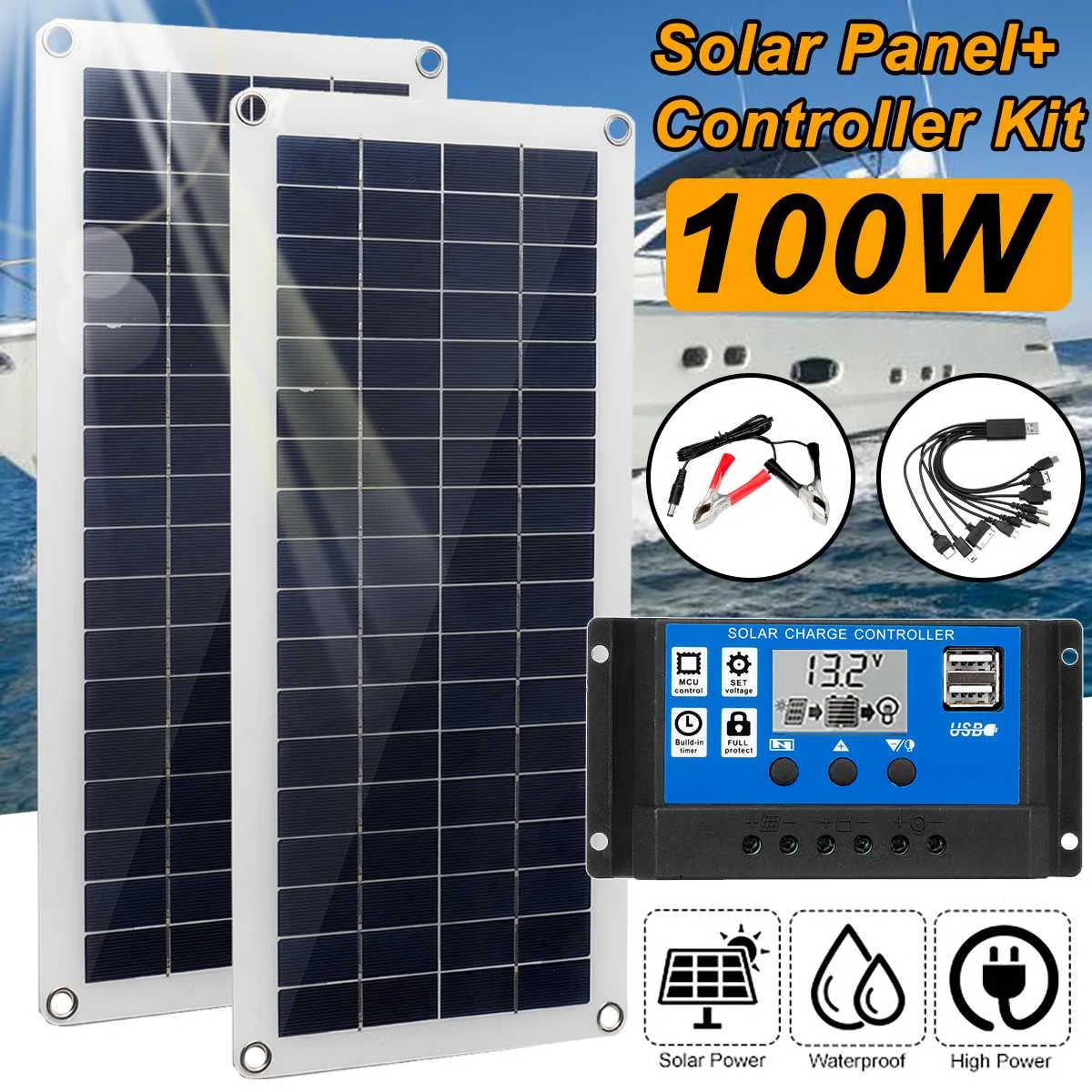 100W Solar Panel Kit Dual 12V USB With 60A 100A Controller Solar Cells Poly Solar Cells for Car Yacht RV Battery Charger