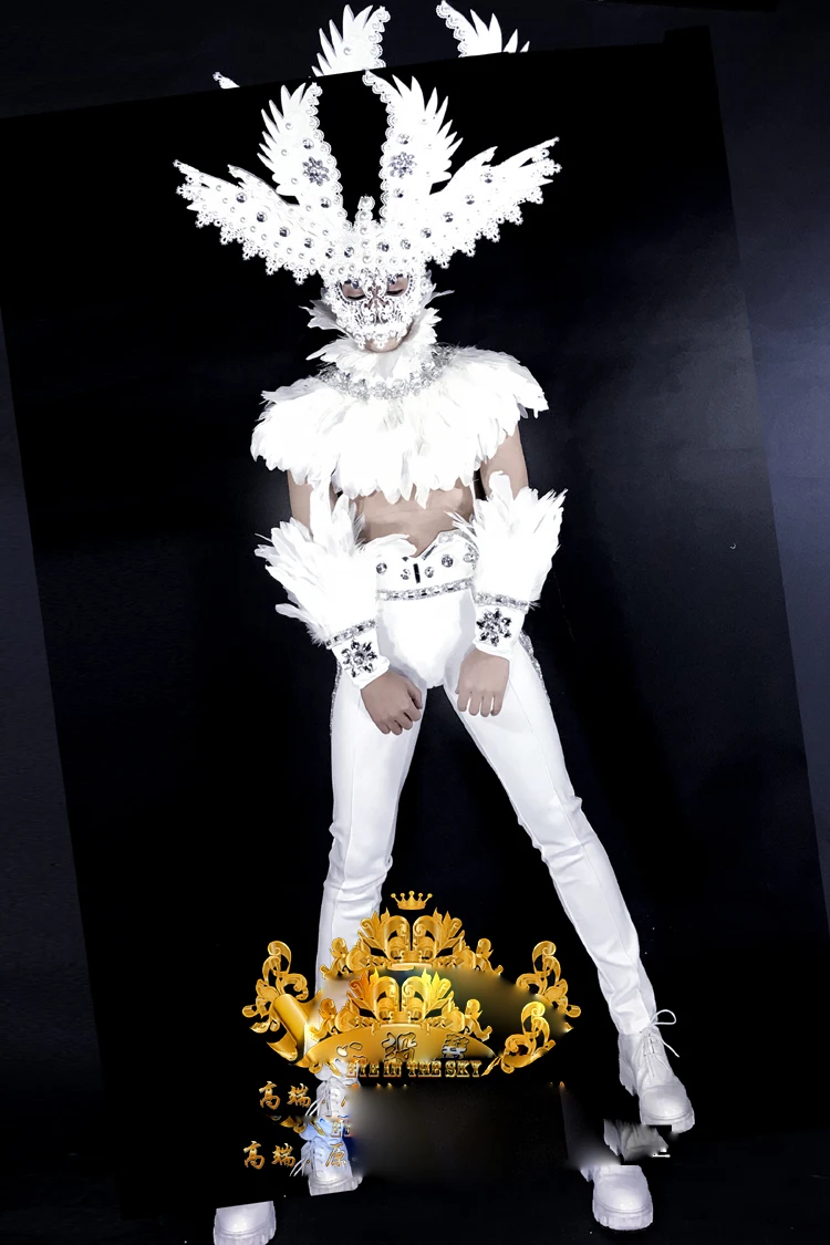 Valentine's wear Eagle King Stage Show Costume Nightclub Men's DS White Feather Angel GOGO Dance Team Costumes