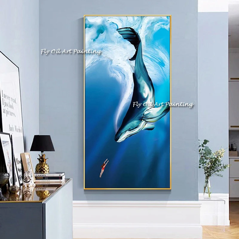 

Large Size Blue Whale Underwater Animals Blue Oil Painting For Living Room Modern Home Decor Wall Art Canvas 100% Hand Paintings