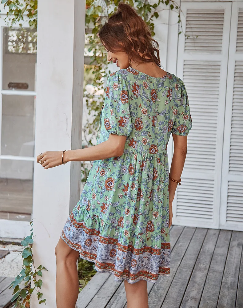 Khalee Yose Boho Bloemen Gedrukt Mini Jurk Bohemain Vintage Zomer Chic Vrouwen Jurken Ruches V-hals Sexy Vakantie Dames Jurk