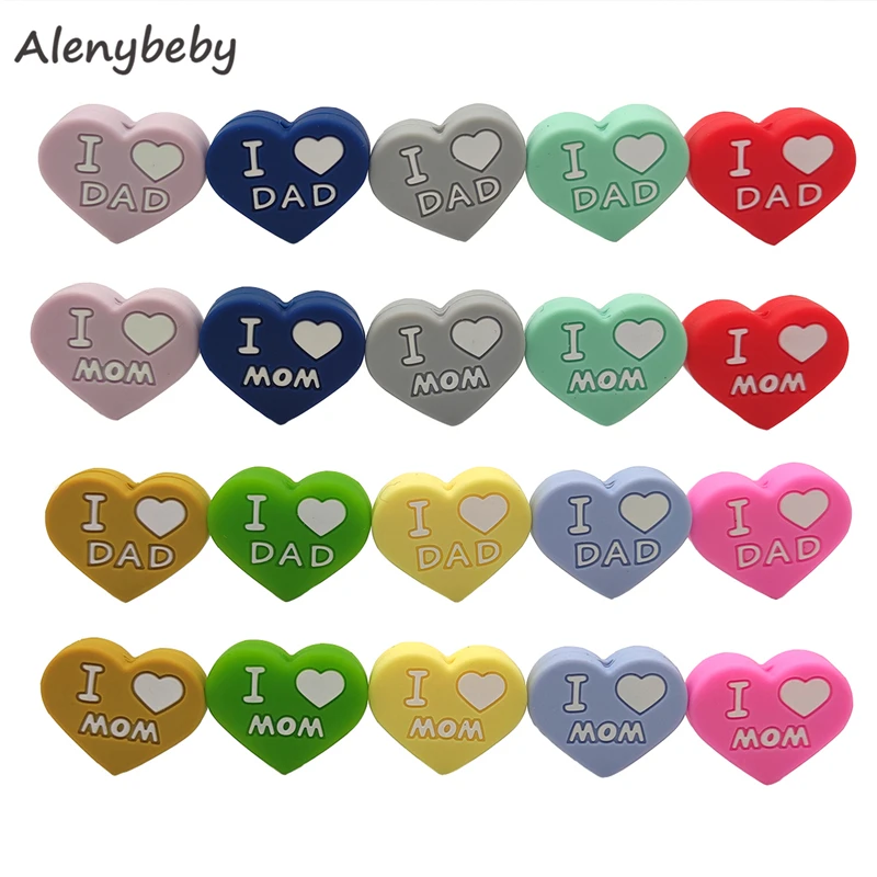 

Food Grade Silicone I Love Mom And Dad Silicone Heart Teething Bead Baby Silicone Chewable Beads DIY Children's Necklace Pendant