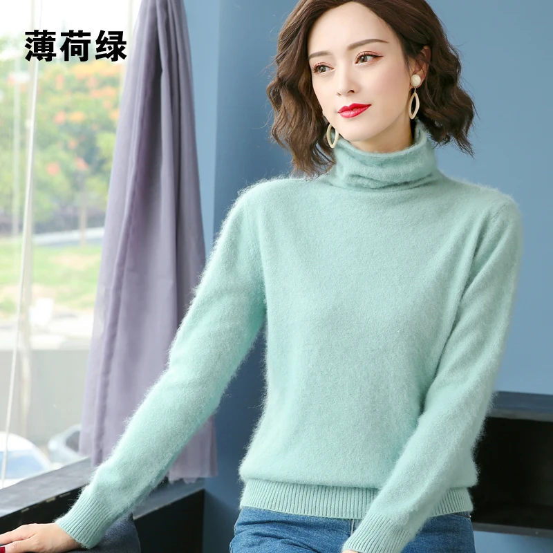 100%Pure Mink Sweater Women Short Winter New Cashmere Sweater Large Size Knit Pullover Thick High Collar Top Female Shirt 2021