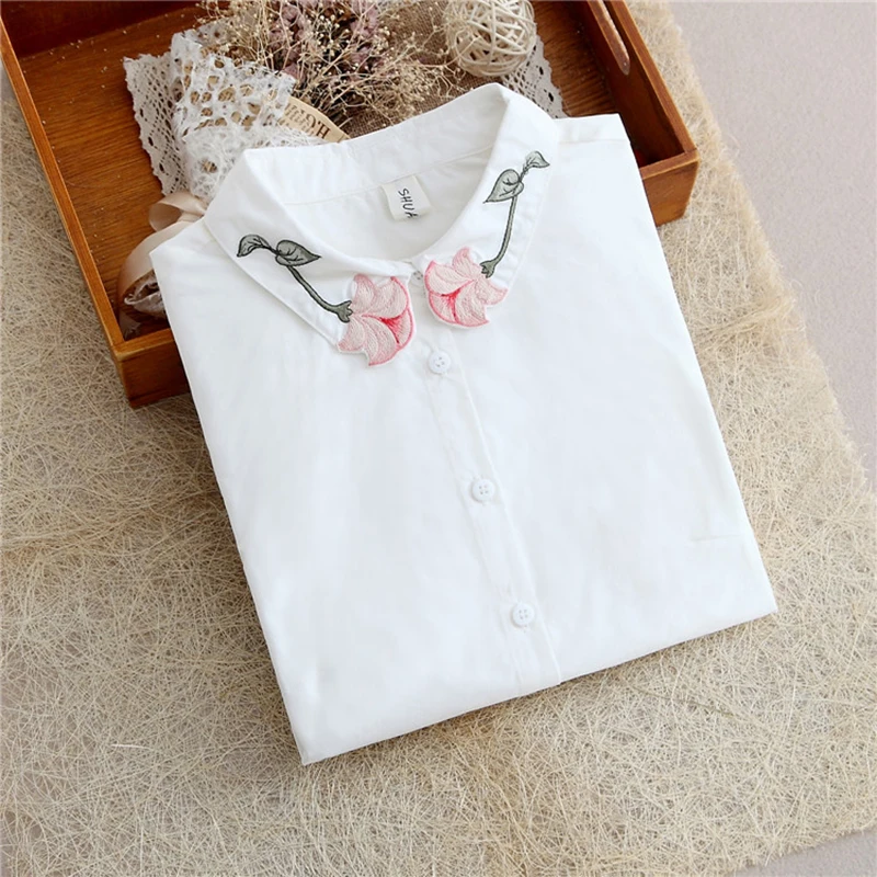 Shirts Women White Floral Cartoon Embroidered Printing Single-breasted Pockets Turn-down Collar Womens Shirt Students All-match