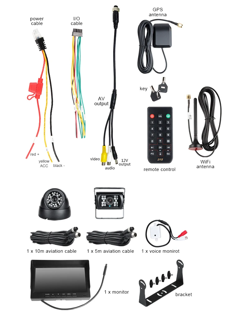 7 Inci Mobil Monitor + 2Pcs 2.0Mp Night Vision Camera + 4CH WIFI GPS Hard Disk HDD Rekaman Loop I/O Alarm Real Time Mdvr Mobil DVR Kit