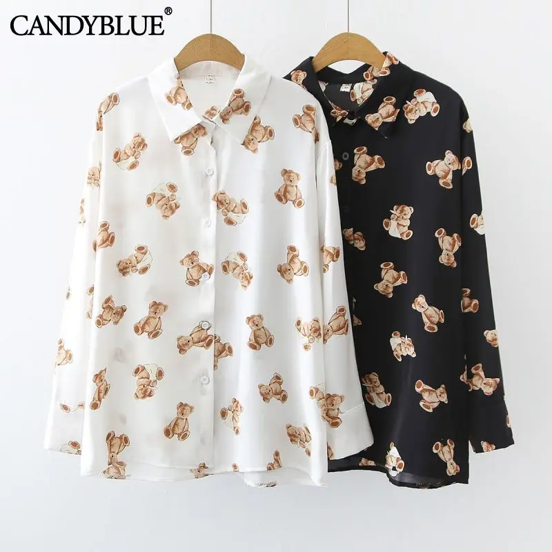 Camisa estampada do urso dos desenhos animados feminino, camisa de chiffon casual estampada leve e fina, novo design de moda, primavera e verão, 2022