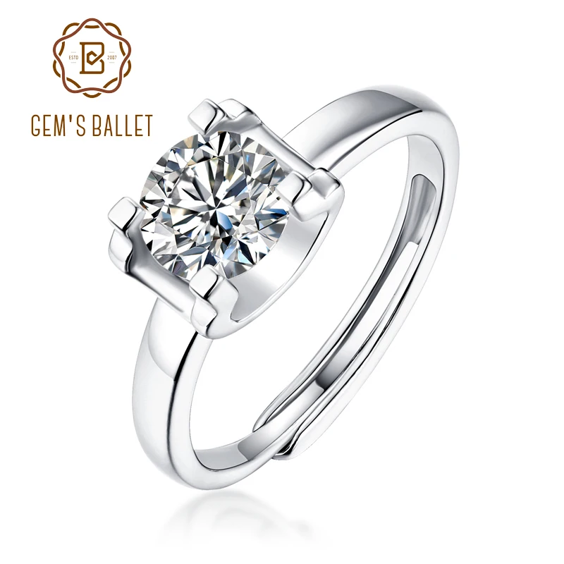 GEM'S BALLET 925 Sterling Silver Adjustable Rings Real Moissanite Wedding Jewelry with 1.0Ct D Color for Women Engagement Ring