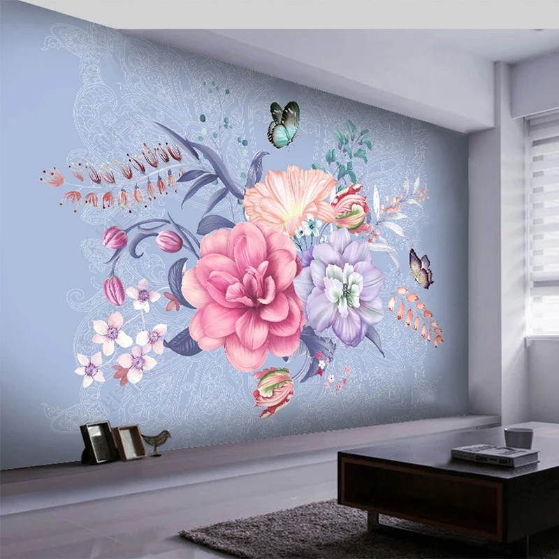 

Custom Mural Wallpaper Nordic Hand Painted Flowers Butterflies Marble Wall Painting Living Room Background Wall Mural Home Decor