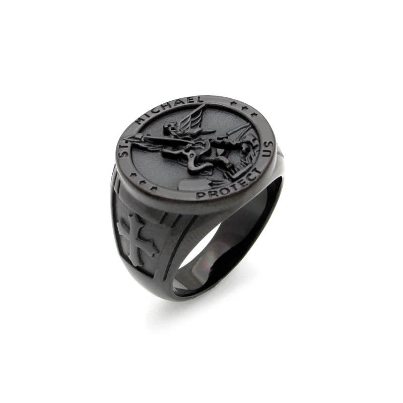 Gothic 316L Stainless Steel Black Plated Archangel ST.MICHAEL PROTECT US Cross Ring Jewelry