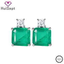 HuiSept Luxury Earrings for Women Wedding Engagement 925 Sterling Silver Jewelry Accessory Square Emerald Gemstone Stud Earring