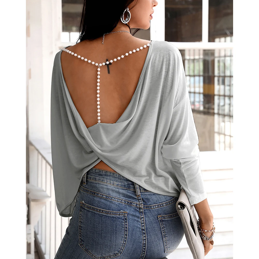 Tees Women Open Back Long Sleeve Beads Strap Top Fashion Solid Backless Elegant Ladies Twisted Tops Autumn Spring T-shirt