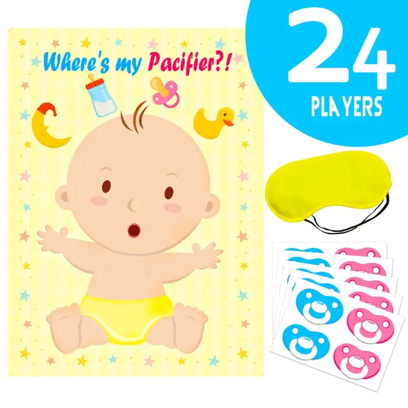 Pin The Pacifier On The Baby Game for Baby Shower Decorations Kids Birthday Party Supplies, Large Baby Shower Games Poster 24 Pa