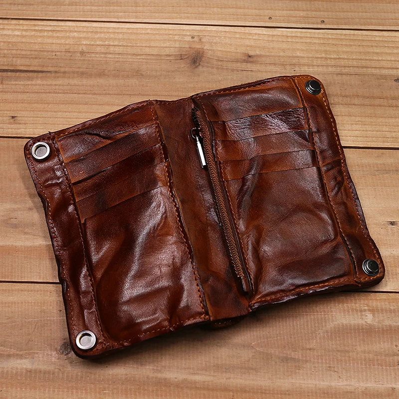 Cartera de cuero genuino 100% para hombre, billetera Vintage arrugada, monedero corto plegable, Tarjetero con cremallera, bolsillo para monedas