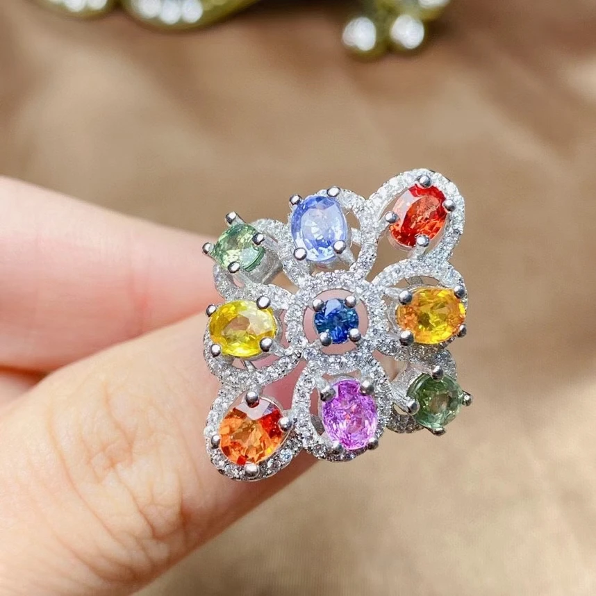 Luxurious Sapphire Ring for Party 9 Pieces Natural Sapphire Silver Ring 925 Silver Multi-color Sapphire Rin